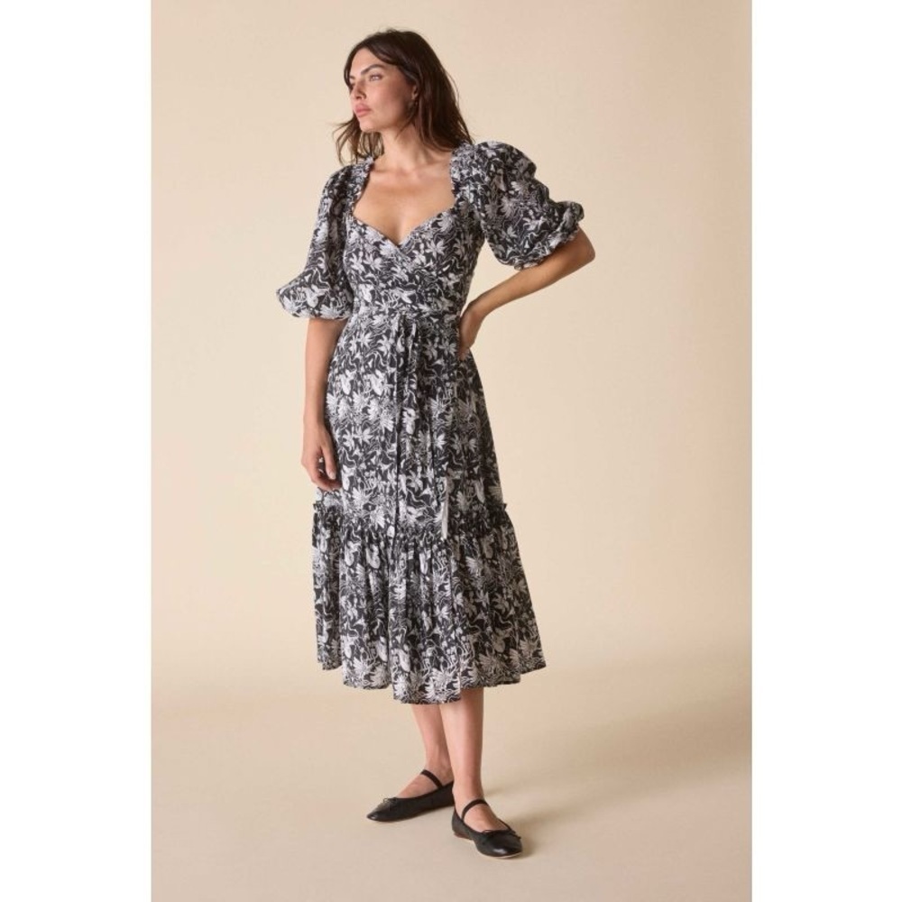 St. Roche NWT Romaine Midi Wrap Dress Black, White Floral Puff Sleeves Women’s 6